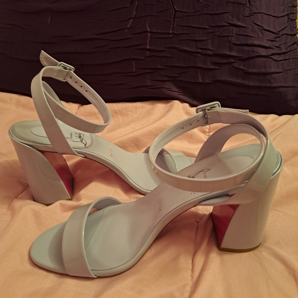 Christian Louboutin Pale Pink Ankle Strap Block Heels